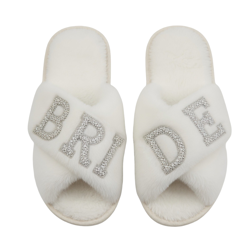 Luxury Faux Fur Bridal Slippers with Rhinestone Detailing