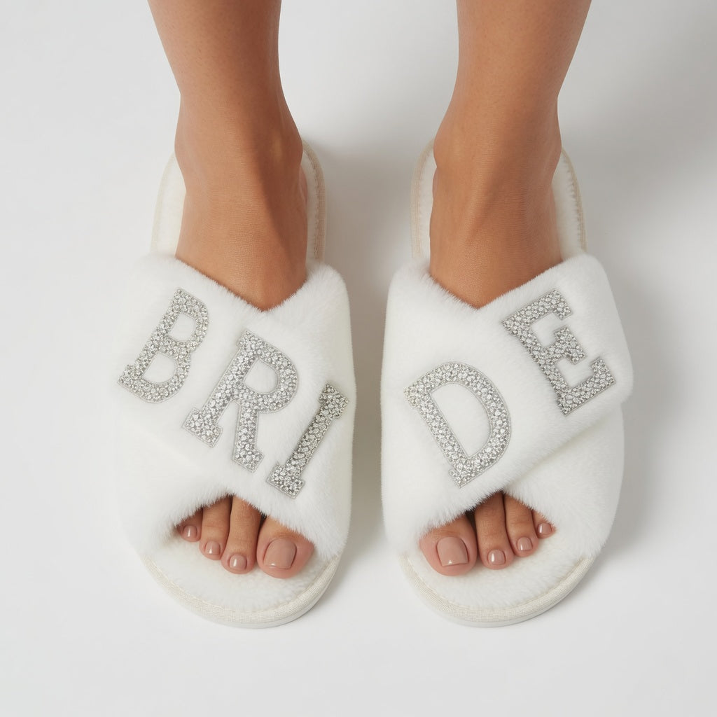 Luxury Faux Fur Bridal Slippers with Rhinestone Detailing