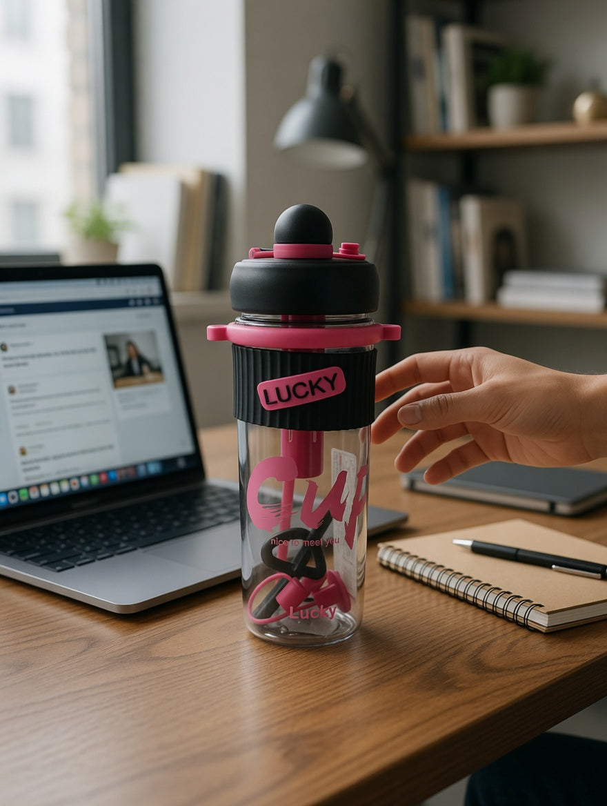 LUCKY Dual-Lid Sports Water Bottle with Silicone Grip & Internal Straw