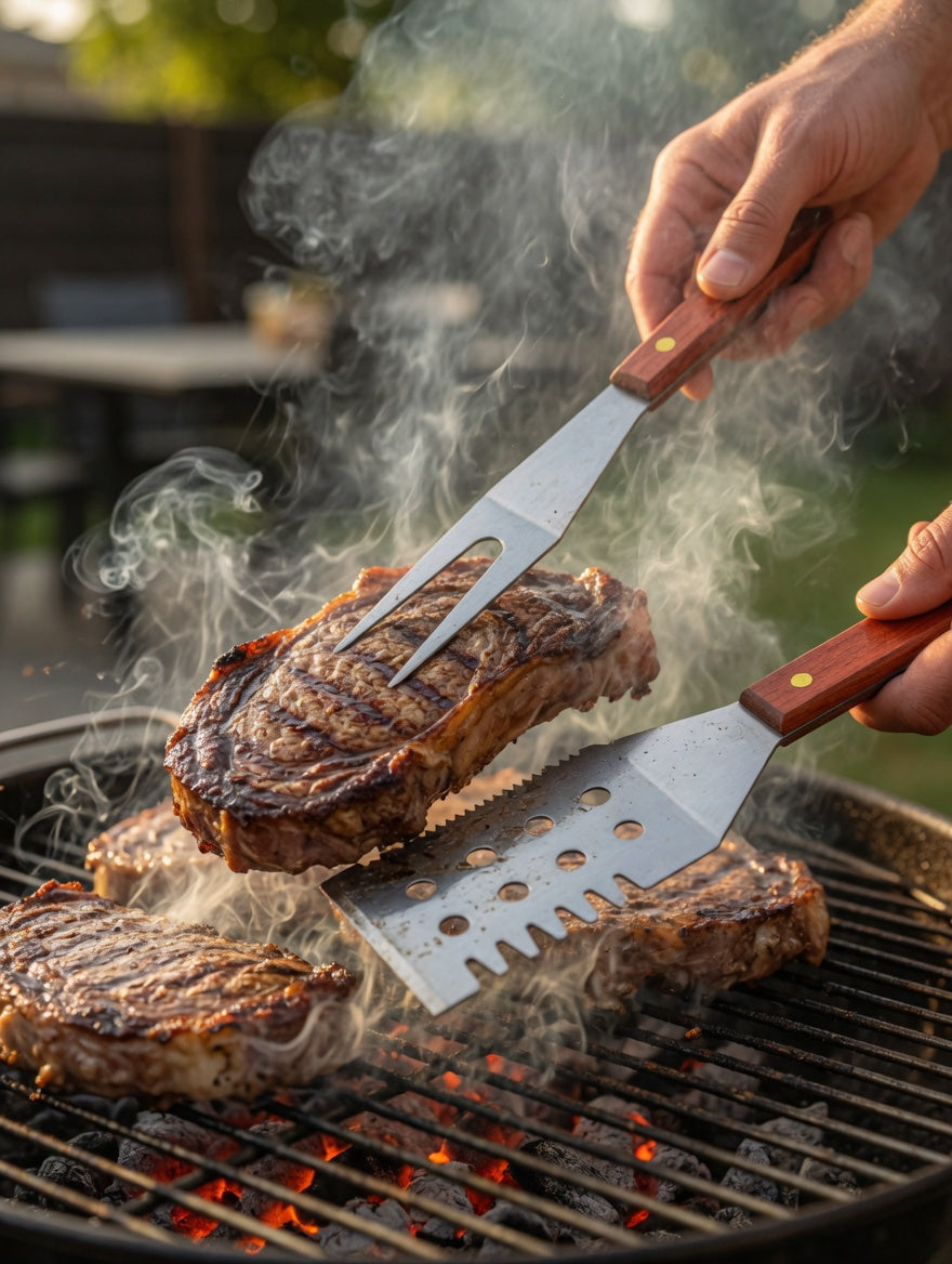 Premium 2-Piece Stainless Steel BBQ Grill Utensil Set with Wooden Handles
