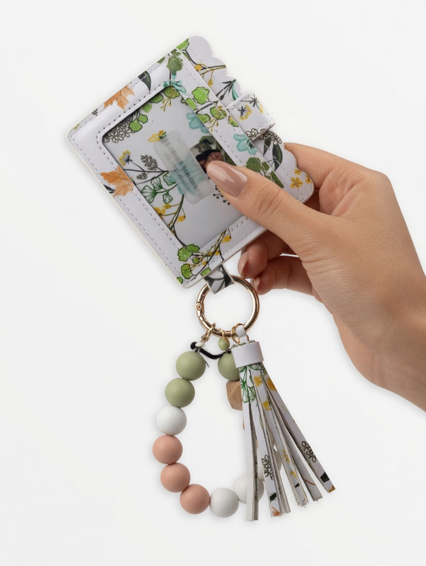 Floral Silicone Bead Wristlet Keychain with Card Holder Wallet