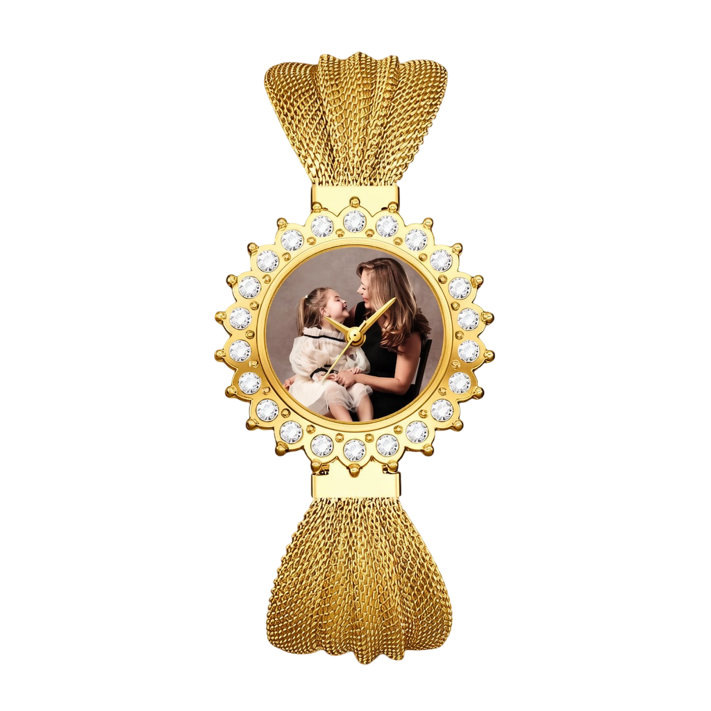 Personalized Photo Gold Women's Watch | Custom Picture Dial with Crystal Bezel & Mesh Band
