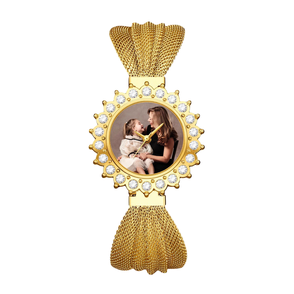 Personalized Photo Gold Women's Watch | Custom Picture Dial with Crystal Bezel & Mesh Band