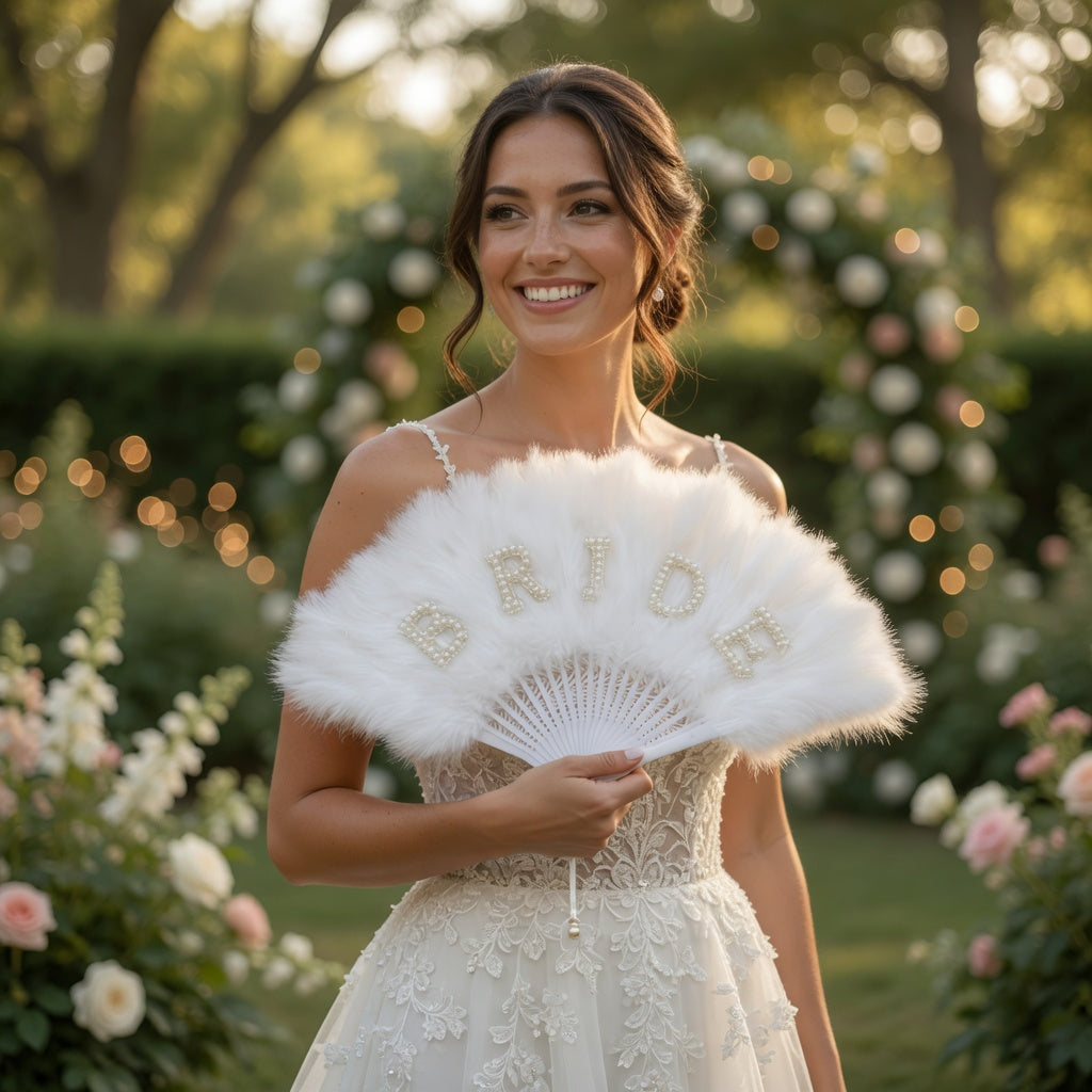 Elegant White Faux Feather Bridal Folding Fan with Pearl Rhinestone "BRIDE" Lettering