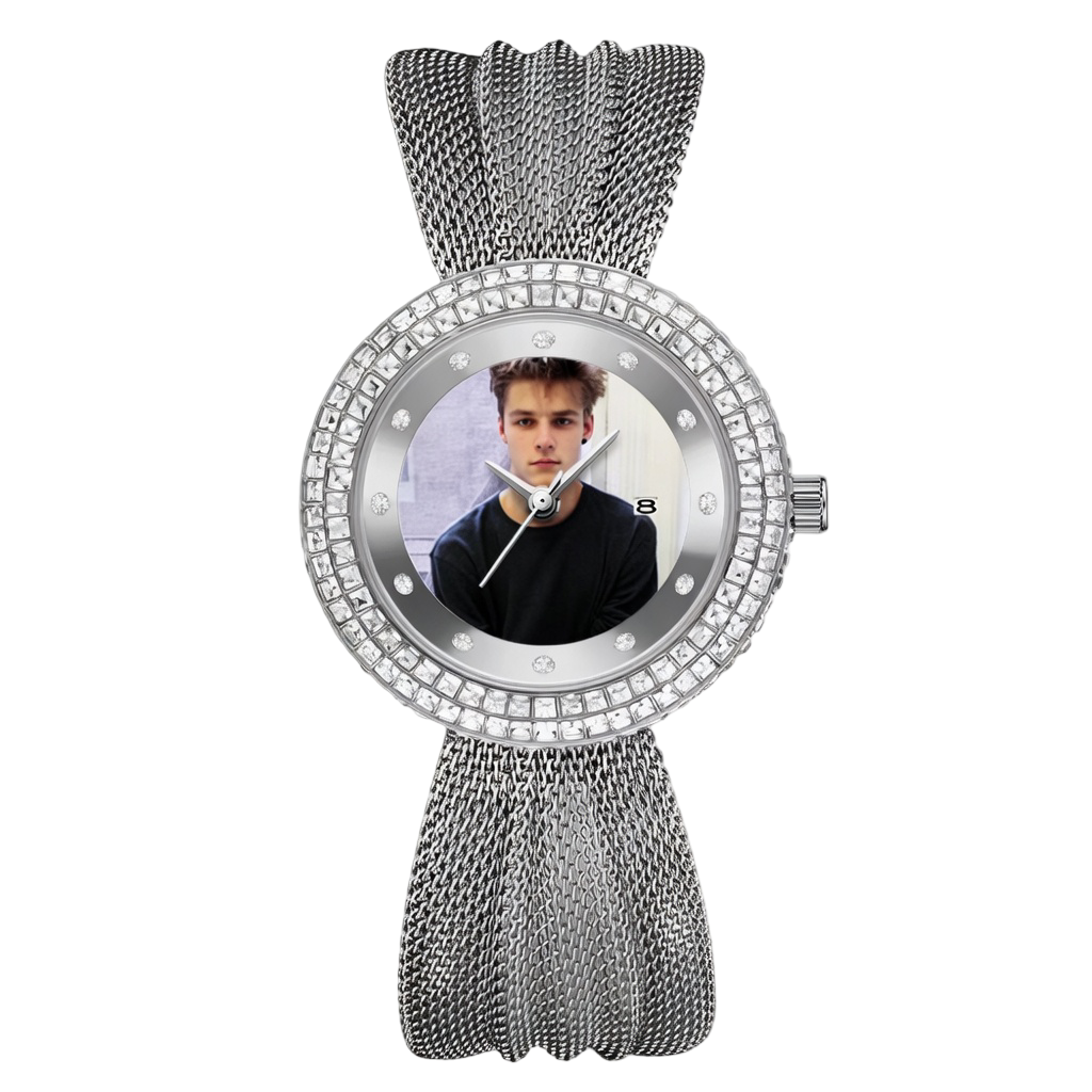 Personalized Diamond-Bezel Mesh Strap Women's Watch – Custom Photo Dial