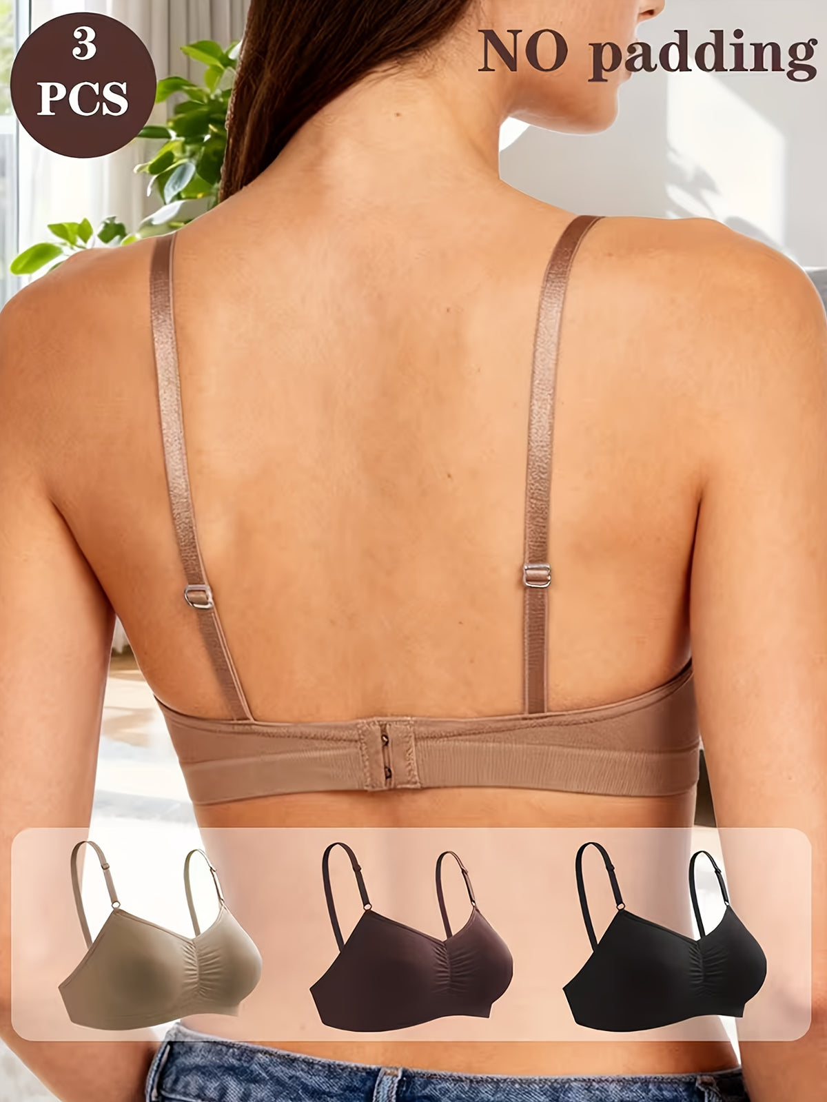 3-Pack Everyday Wireless Contour Bra Set Seamless Ruched Comfort Bralette