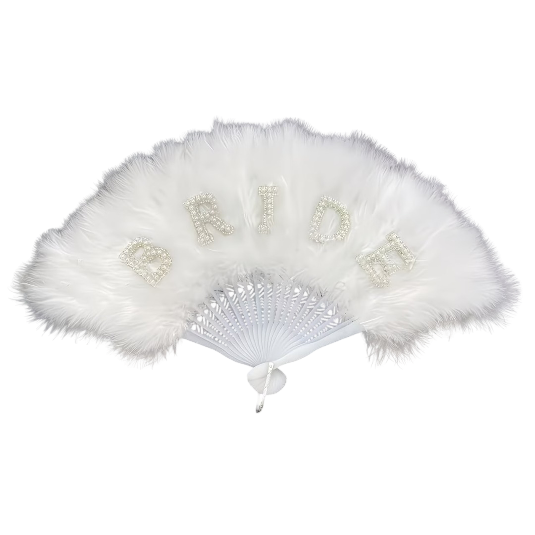 Elegant White Faux Feather Bridal Folding Fan with Pearl Rhinestone "BRIDE" Lettering
