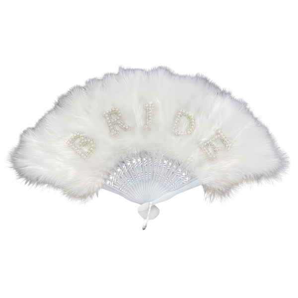 Elegant White Faux Feather Bridal Folding Fan with Pearl Rhinestone "BRIDE" Lettering