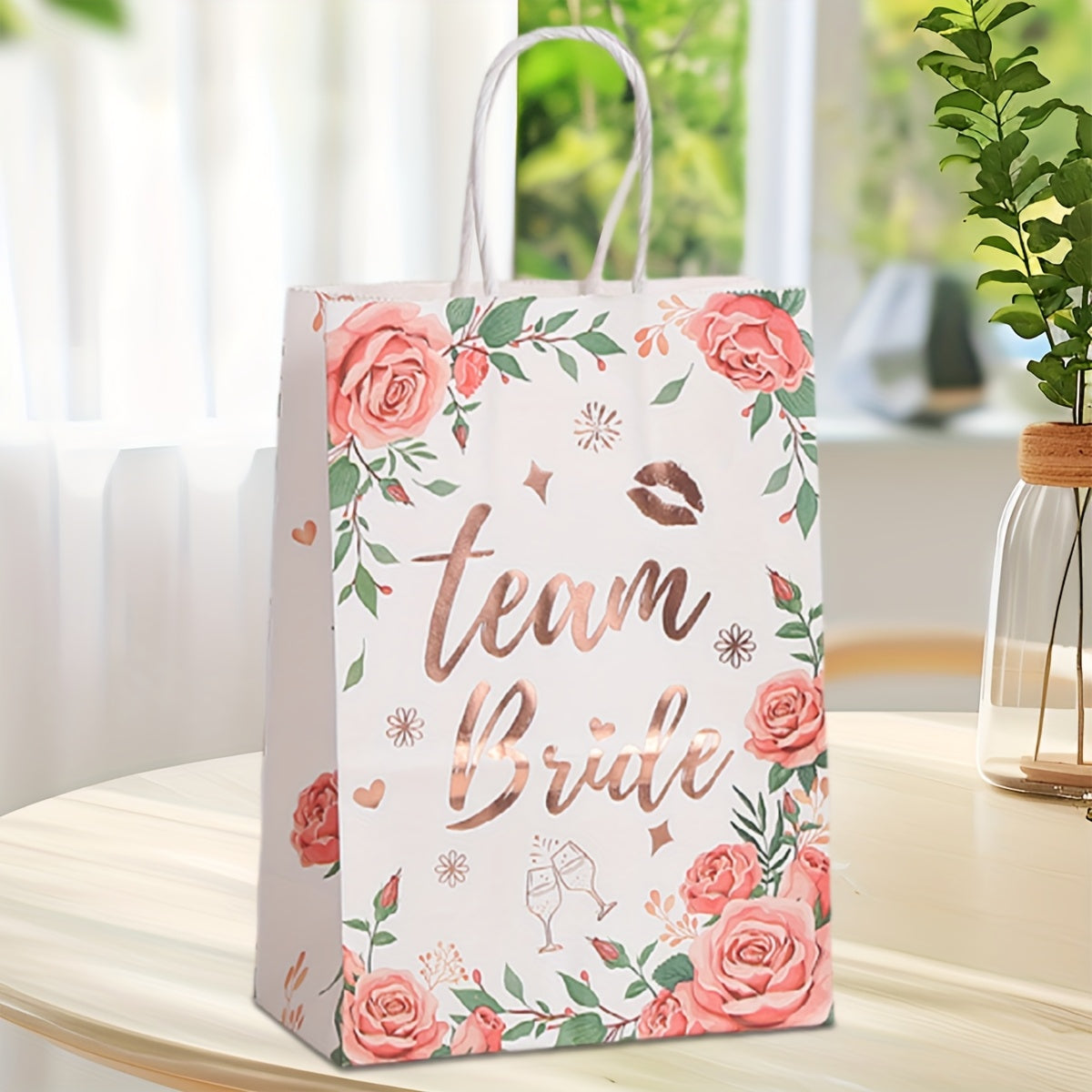 12-Pack Team Bride Hen Party Gift Bags – Elegant Floral Bridal Rose Gold Foil Party Favor Bags