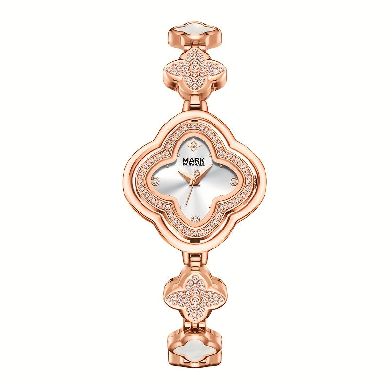 Mark Fairwhale Luxury Four-Leaf Clover Luxury Women's Bracelet Watch – Diamond Bezel Quartz Timepiece
