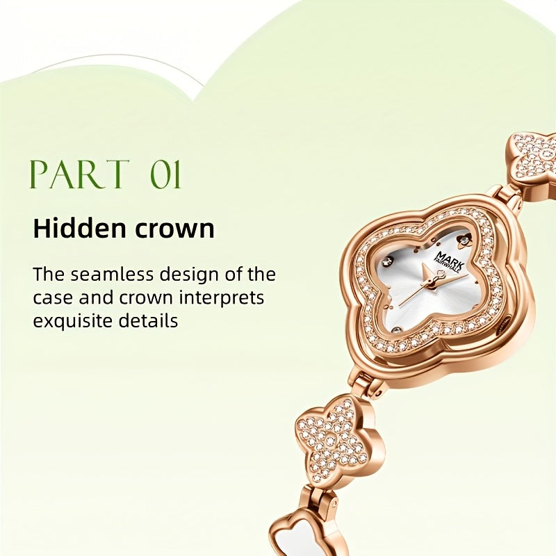 Mark Fairwhale Luxury Four-Leaf Clover Luxury Women's Bracelet Watch – Diamond Bezel Quartz Timepiece