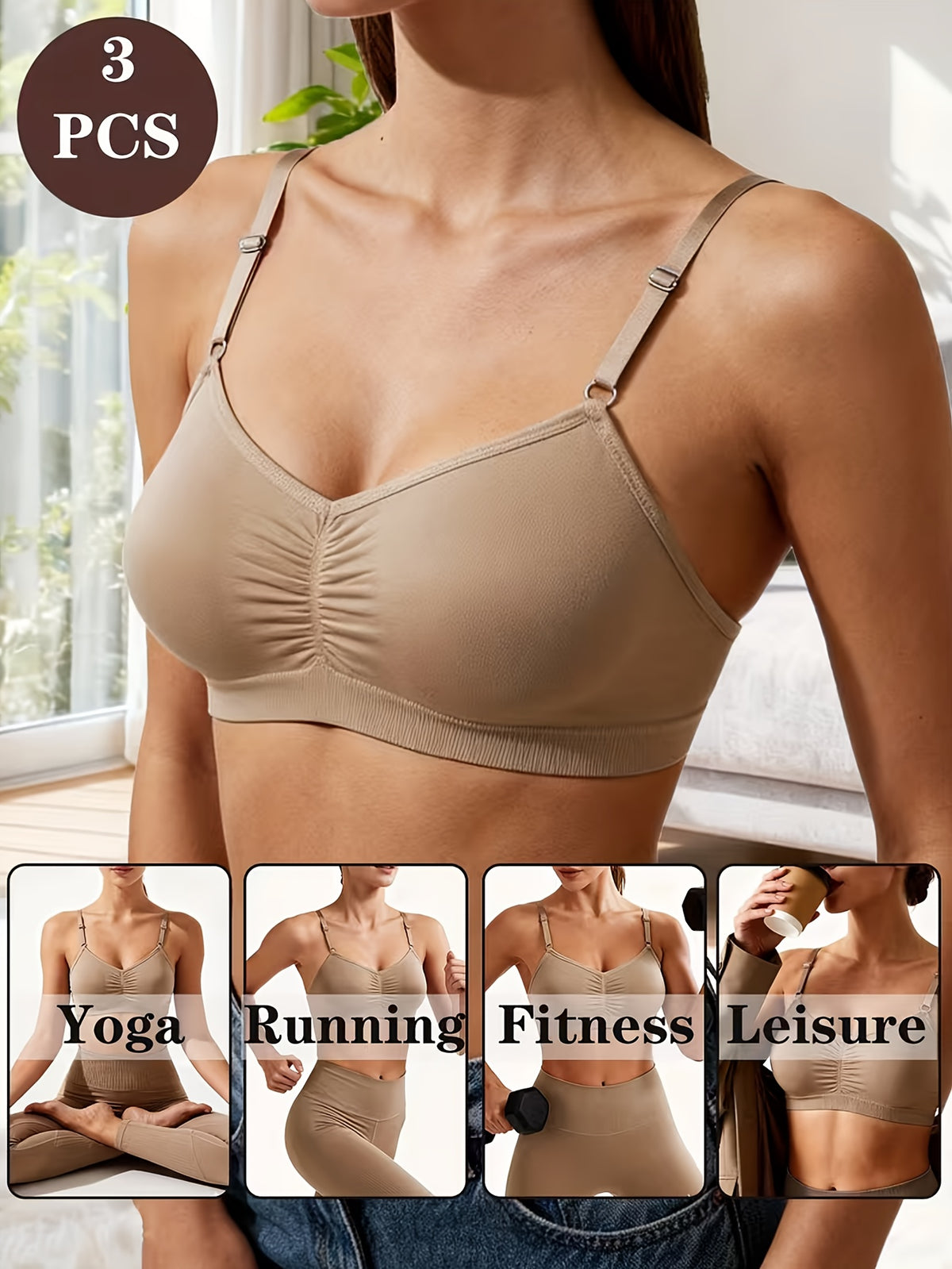 3-Pack Everyday Wireless Contour Bra Set Seamless Ruched Comfort Bralette