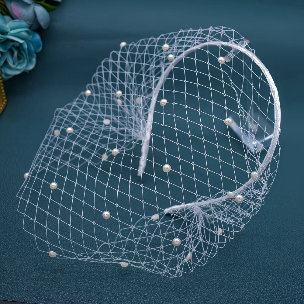 Elegant Pearl Embellished Birdcage Veil Headband - Bridal Fascinator