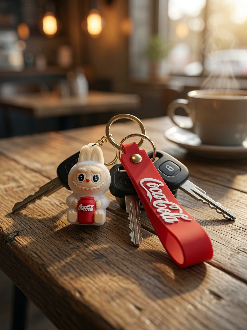 Cute Character in Bunny Costume Keychain – Red Soda Can Edition with Matching Wristlet Strap