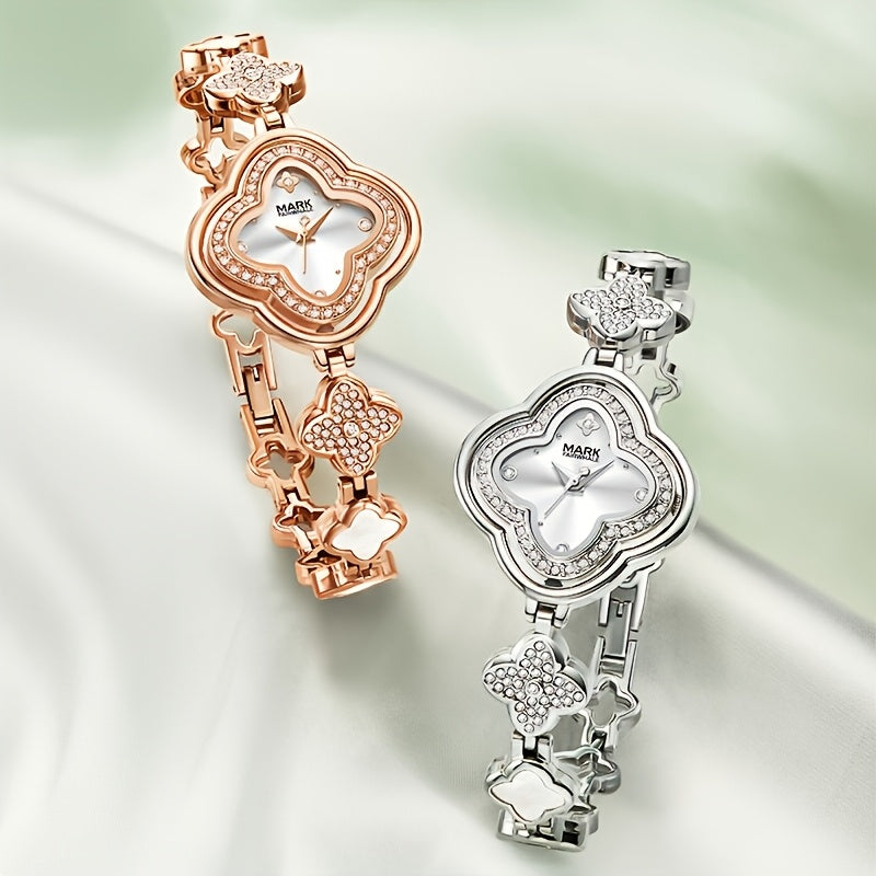 Mark Fairwhale Luxury Four-Leaf Clover Luxury Women's Bracelet Watch – Diamond Bezel Quartz Timepiece