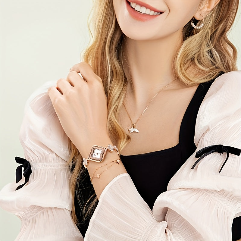Mark Fairwhale Luxury Four-Leaf Clover Luxury Women's Bracelet Watch – Diamond Bezel Quartz Timepiece