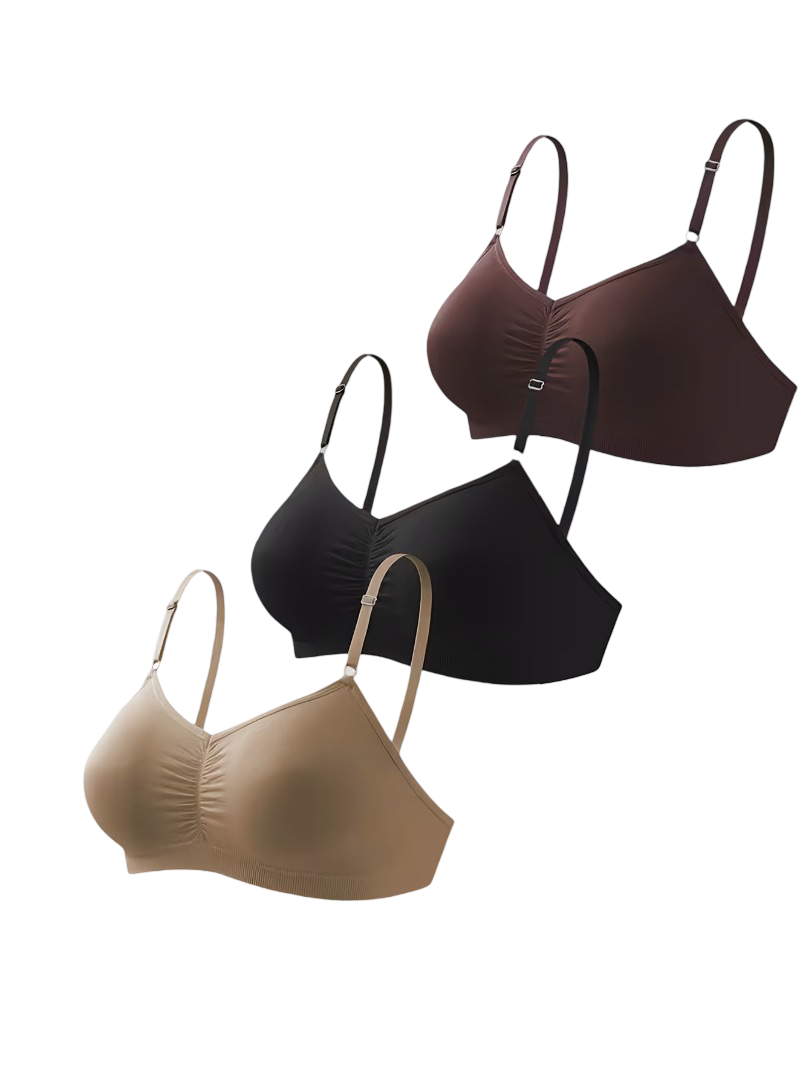 3-Pack Everyday Wireless Contour Bra Set Seamless Ruched Comfort Bralette