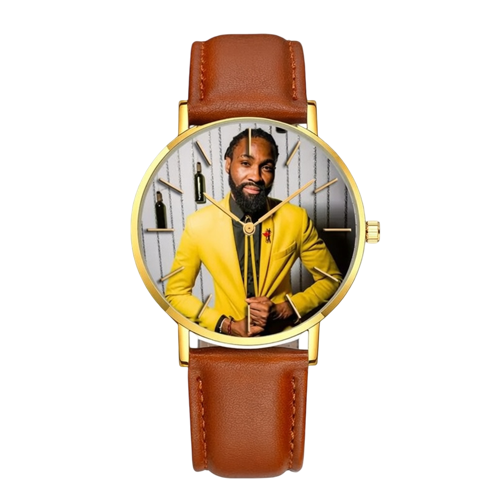 Personalized Photo Men's Quartz Watch – Custom Genuine Leather Strap Wristwatch with Gold Bezel