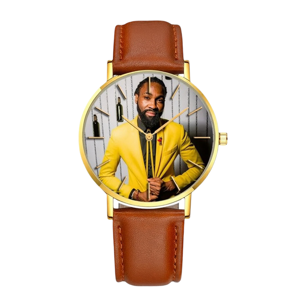 Personalized Photo Men's Quartz Watch – Custom Genuine Leather Strap Wristwatch with Gold Bezel