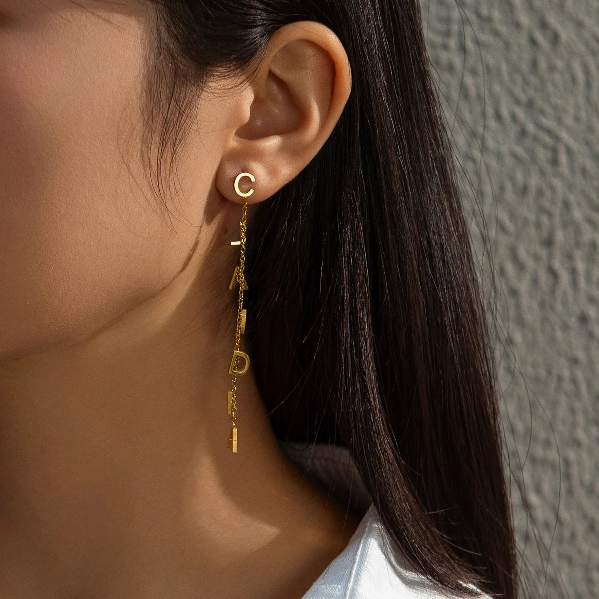 Custom Name Drop Earrings – Personalized Gold Plated Stainless Steel Initial Chain Earrings