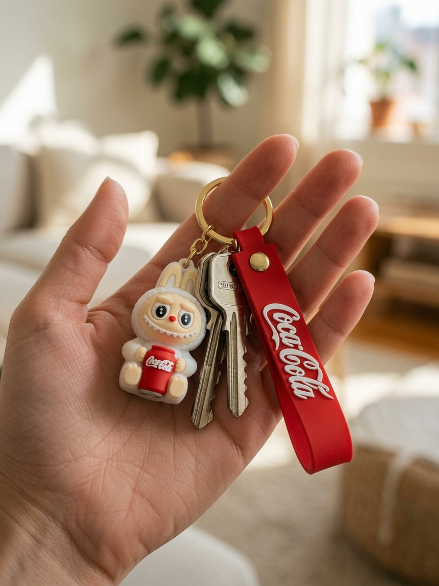 Cute Character Holding Cola Drink Silicone Keychain with Red Wristlet Strap