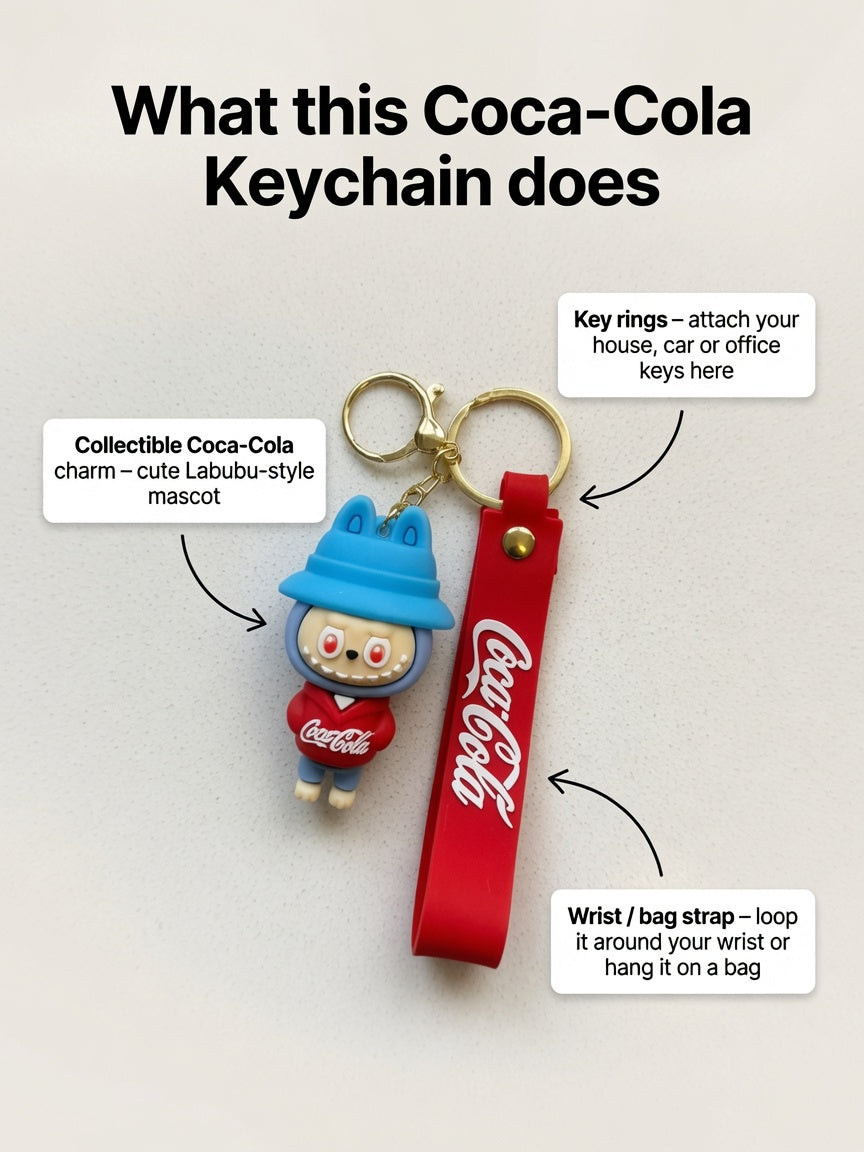 Cute 3D Mascot Silicone Keychain with Coca-Cola Wristlet Strap