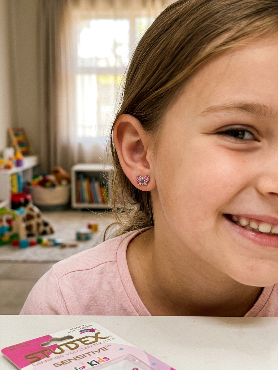 STUDEX Sensitive for Kids - Pink Crystal Butterfly Stud Earrings