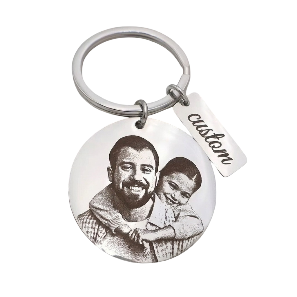 Custom Photo Engraved Stainless Steel Keychain – Personalized Picture & Text Memorial Keepsake Ring for Father's Day, Birthdays, and Anniversaries