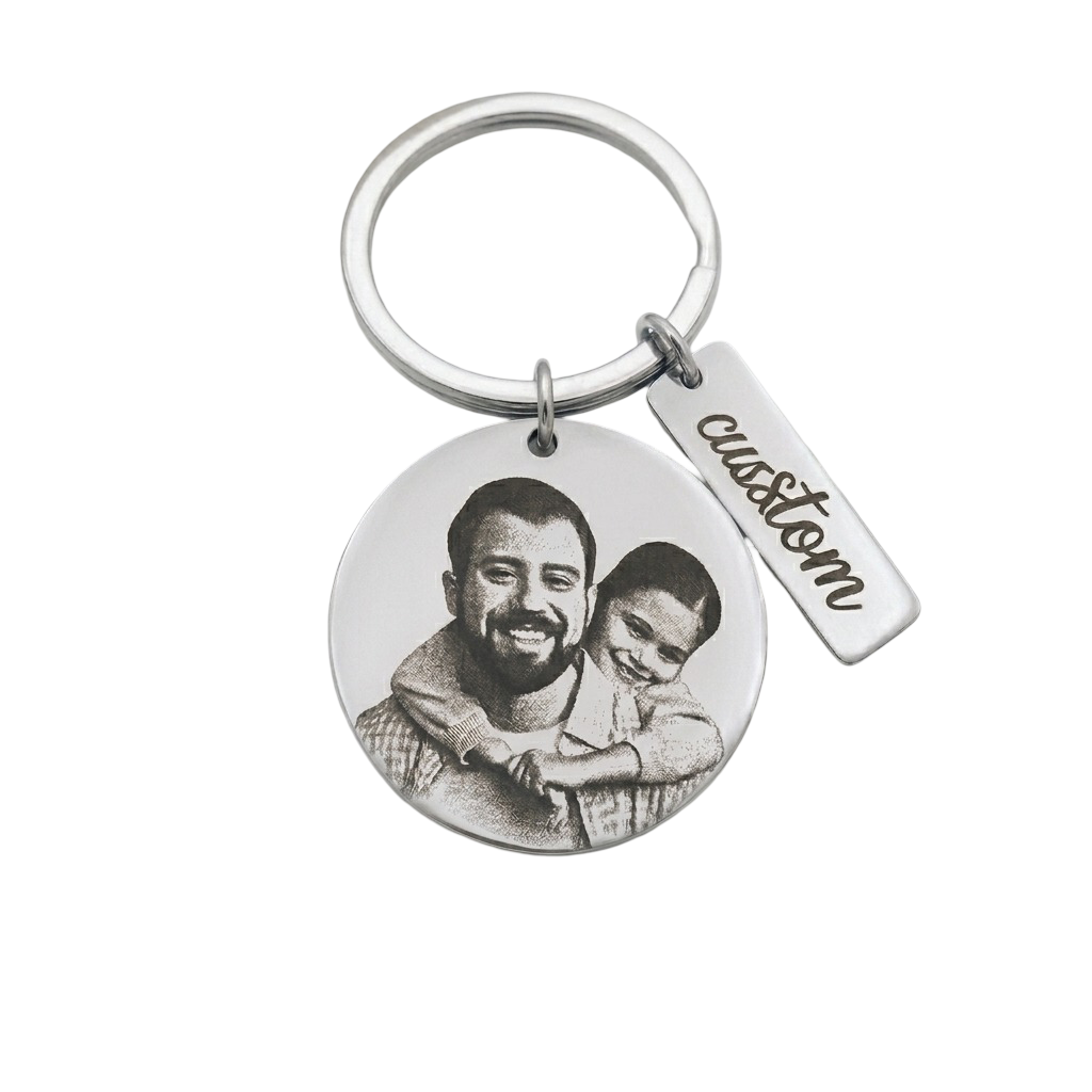 Custom Photo Engraved Stainless Steel Keychain – Personalized Picture & Text Memorial Keepsake Ring for Father's Day, Birthdays, and Anniversaries