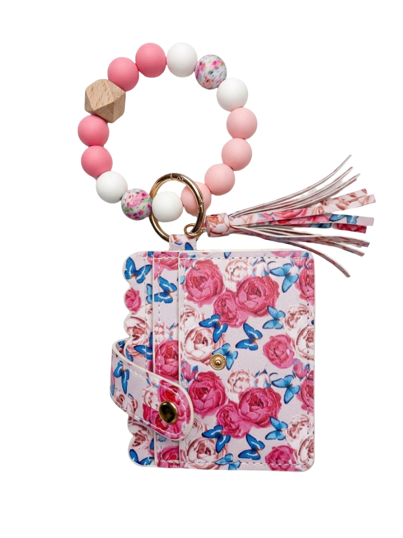Floral Silicone Bead Wristlet Keychain with Card Holder Wallet