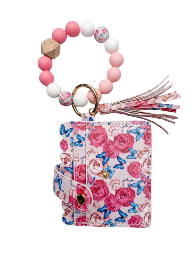 Floral Silicone Bead Wristlet Keychain with Card Holder Wallet
