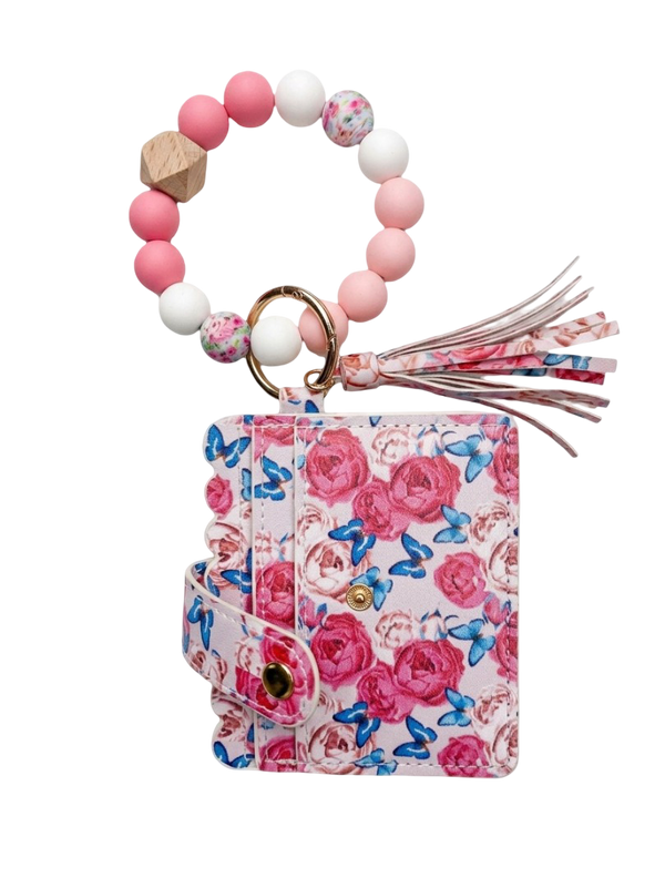 Floral Silicone Bead Wristlet Keychain with Card Holder Wallet