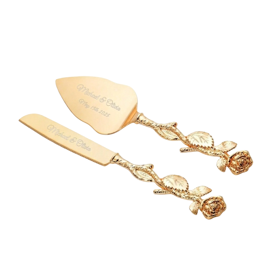 2-Piece Set Elegant Gold Rose Wedding Cake Knife and Server Set