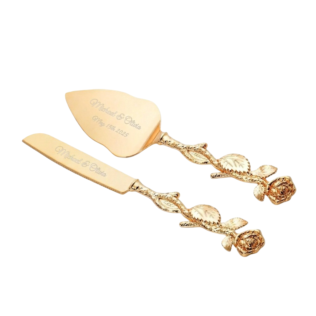 2-Piece Set Elegant Gold Rose Wedding Cake Knife and Server Set