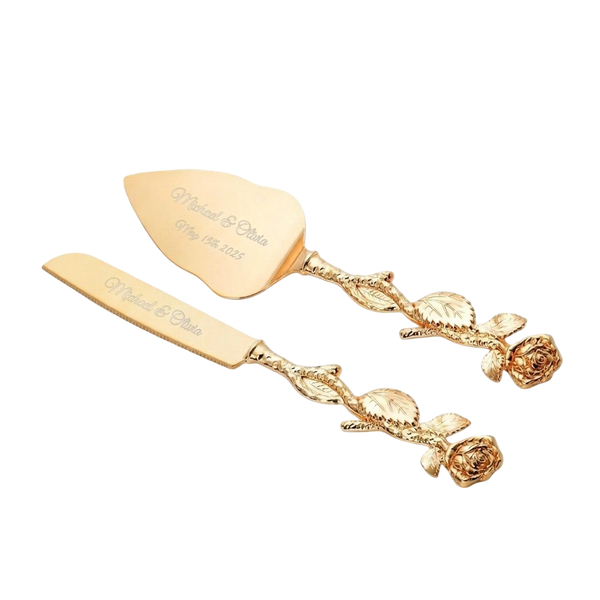 2-Piece Set Elegant Gold Rose Wedding Cake Knife and Server Set