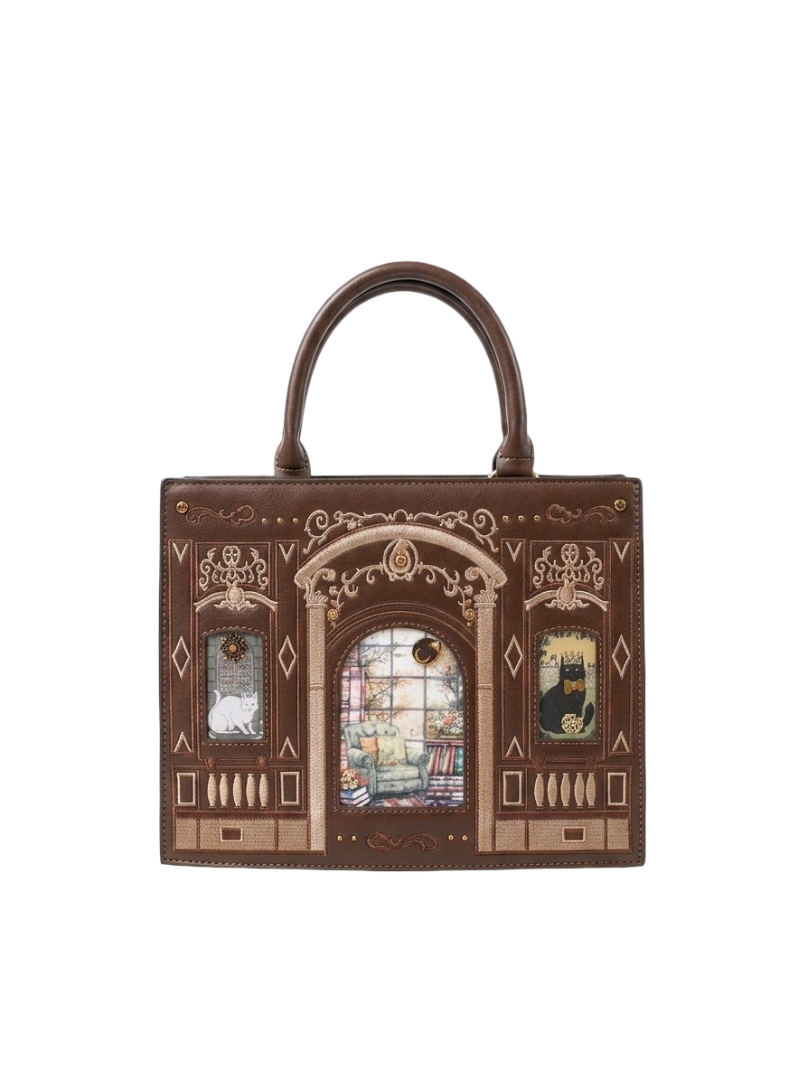 Vintage Baroque Library Top-Handle Satchel – Elegant Embossed Literary Cat Handbag