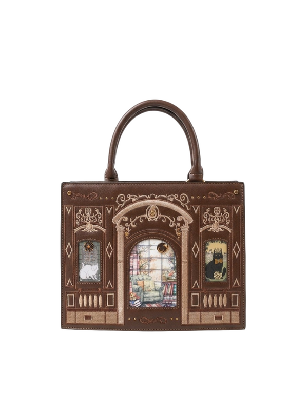 Vintage Baroque Library Top-Handle Satchel – Elegant Embossed Literary Cat Handbag