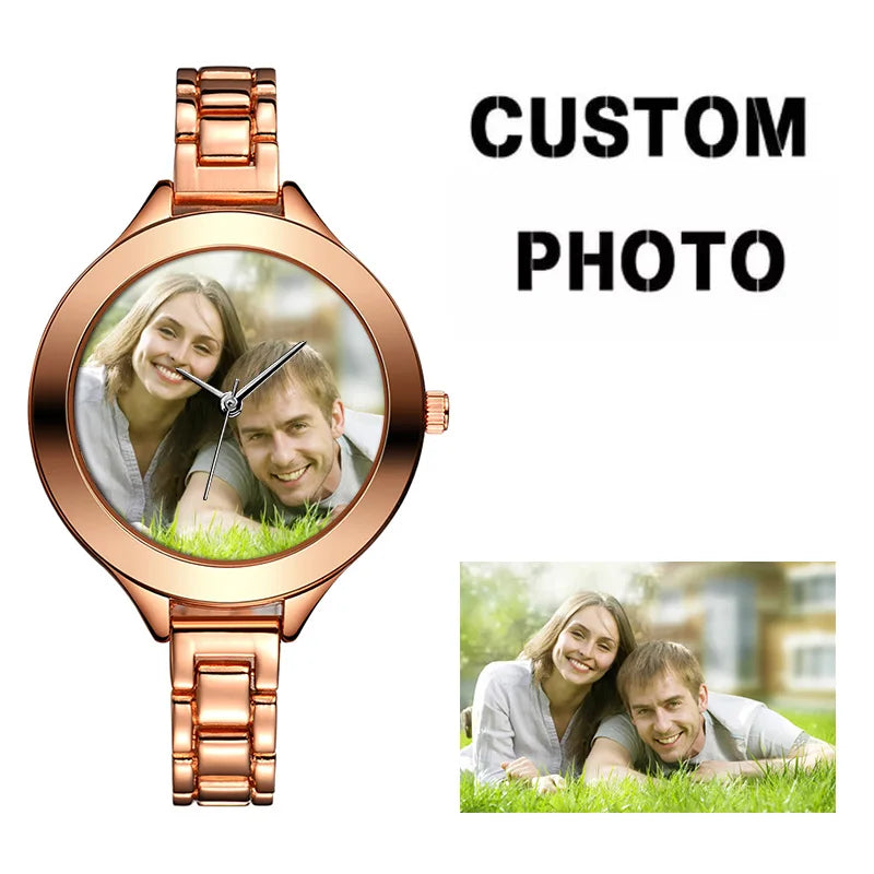 Custom Photo Women's Quartz Watch – Personalized Rose Gold Link Bracelet Wristwatch