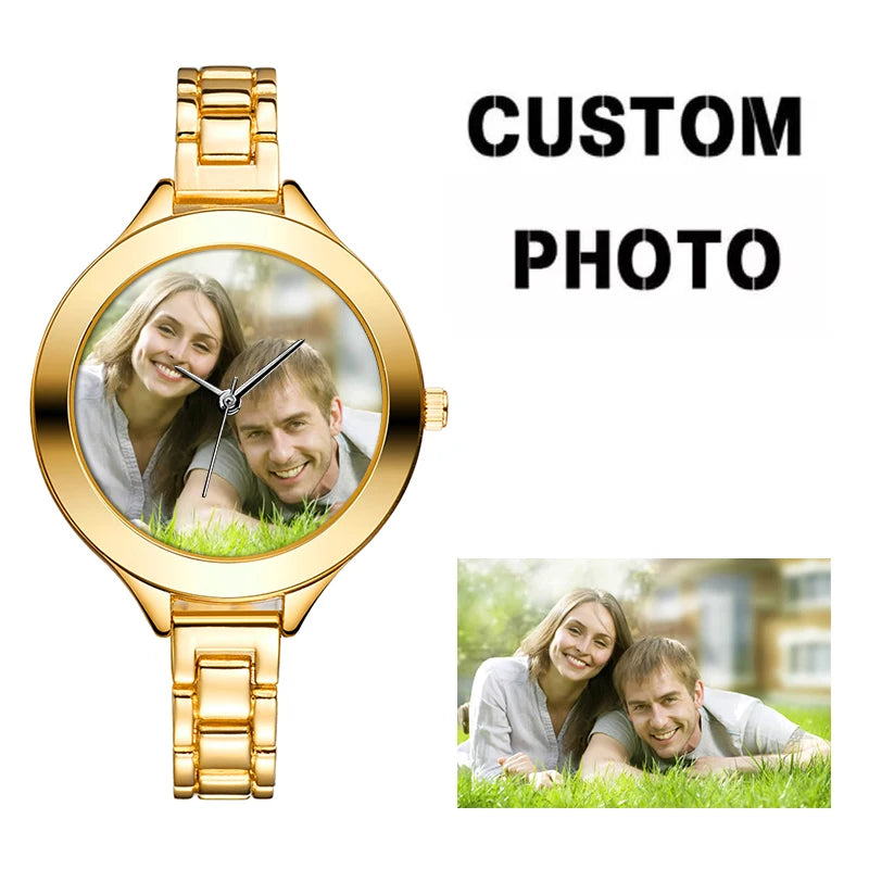 Custom Photo Women's Quartz Watch – Personalized Rose Gold Link Bracelet Wristwatch