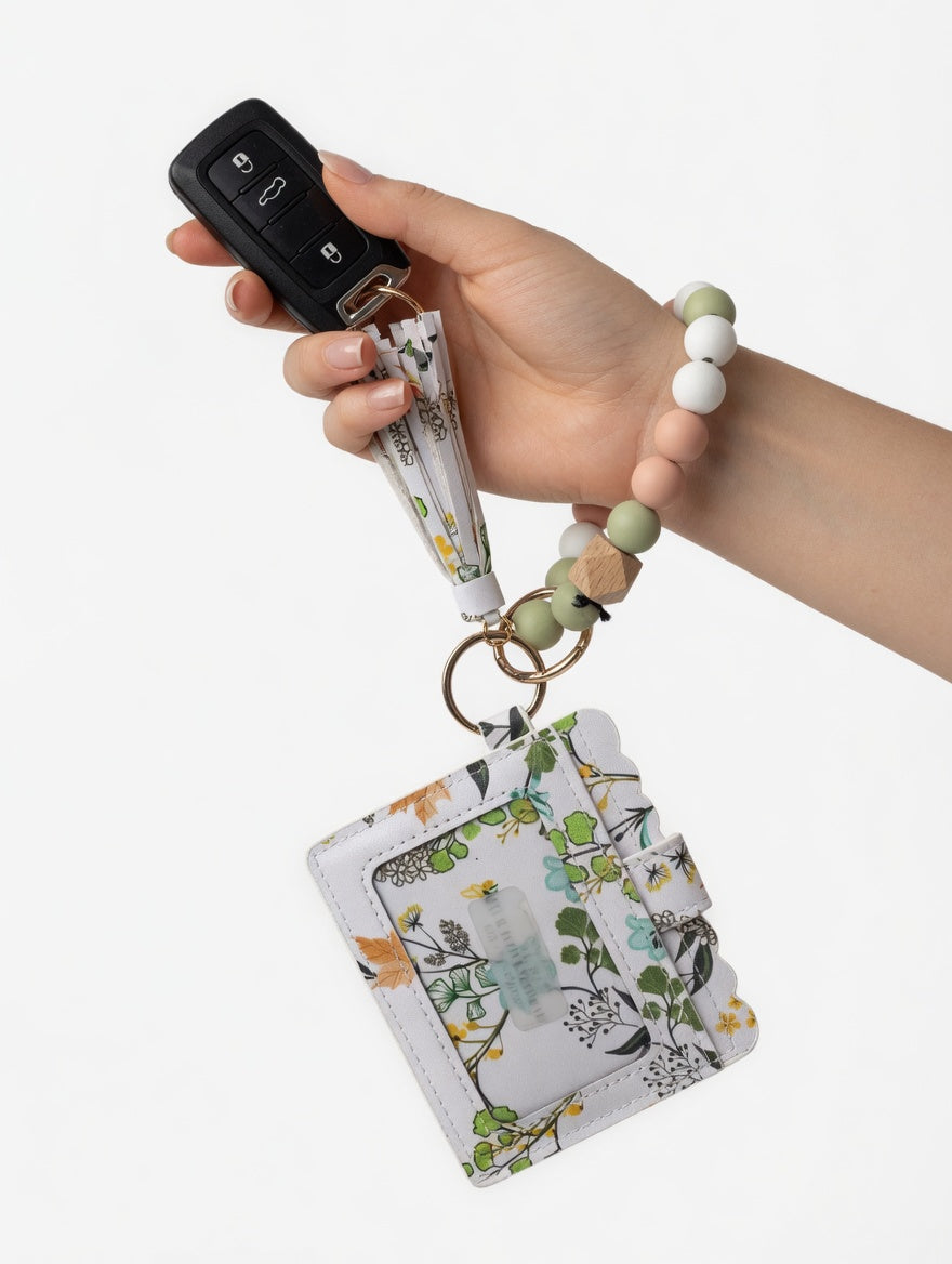 Floral Silicone Bead Wristlet Keychain with Card Holder Wallet