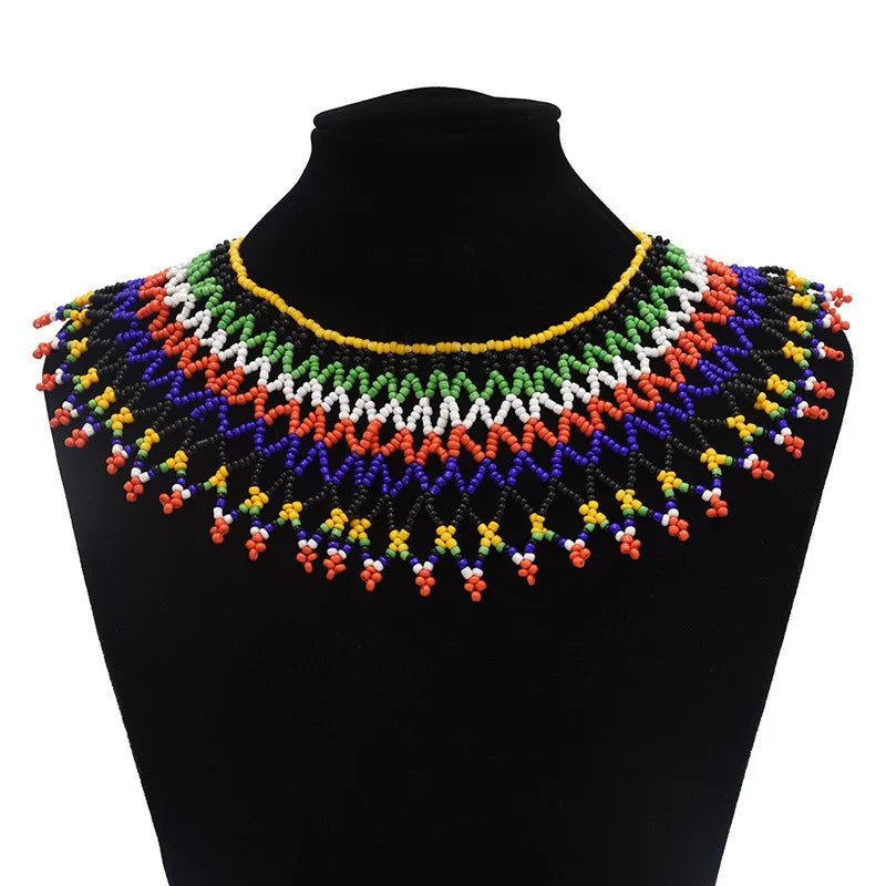 Handcrafted African Beaded Collar Necklace – Vibrant Traditional Zulu Inspired Statement Choker