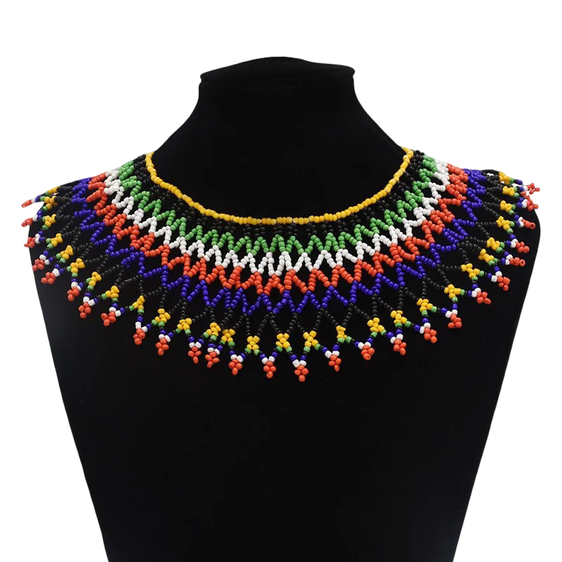Handcrafted African Beaded Collar Necklace – Vibrant Traditional Zulu Inspired Statement Choker