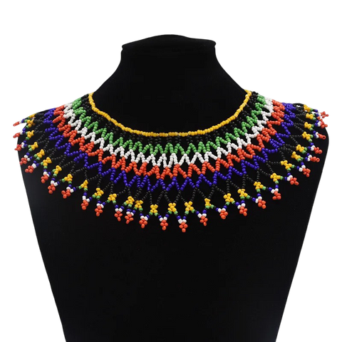 Handcrafted African Beaded Collar Necklace – Vibrant Traditional Zulu Inspired Statement Choker
