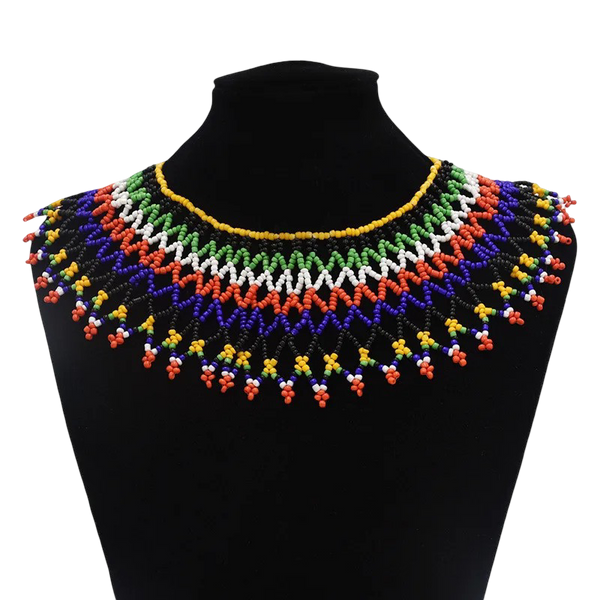 Handcrafted African Beaded Collar Necklace – Vibrant Traditional Zulu Inspired Statement Choker
