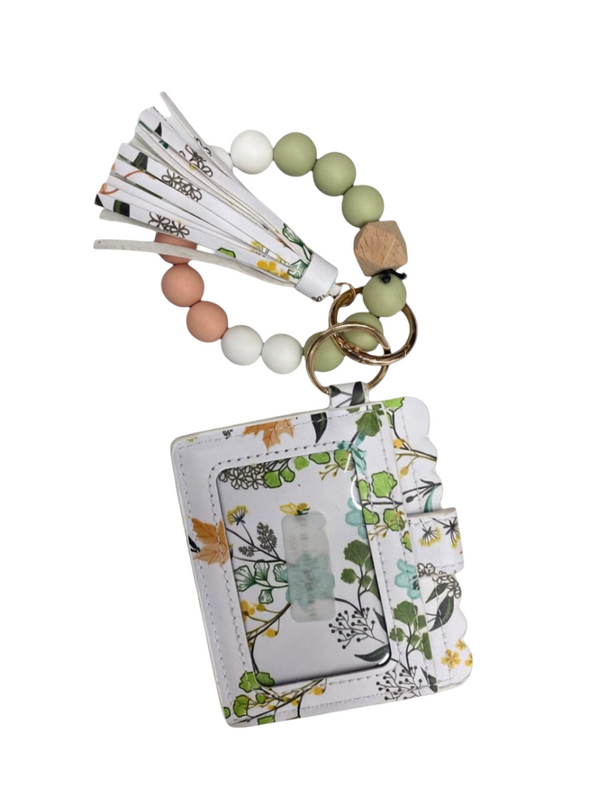 Floral Silicone Bead Wristlet Keychain with Card Holder Wallet