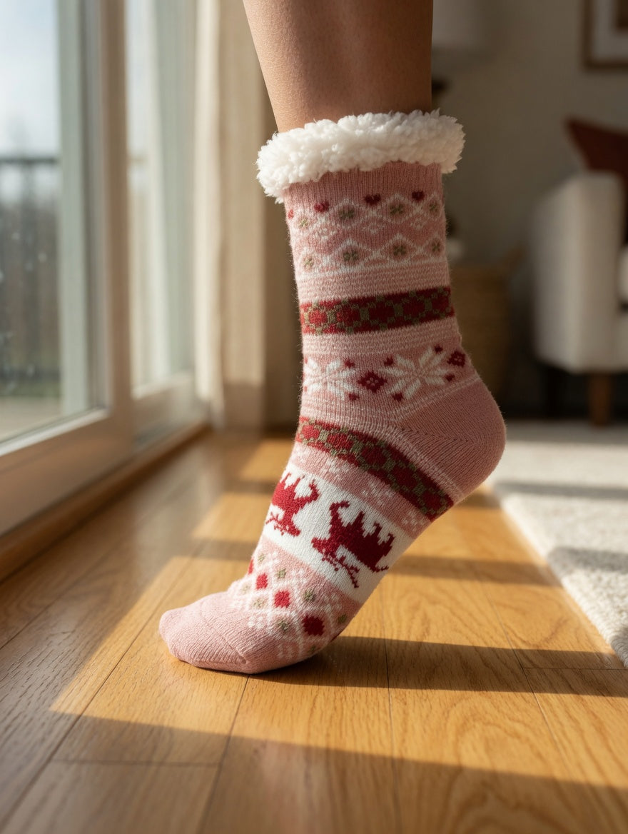 Ultra-Soft Sherpa Lined Winter Slipper Socks - Nordic Pink