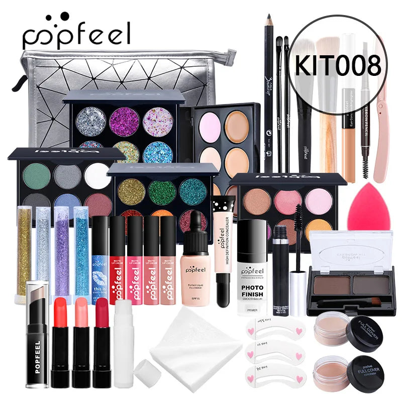 POPFEEEL All-In-One Professional Makeup Kit with Glitter Travel Case – Complete 35+ Piece Cosmetics & Brush Set for Beginners and Pros (KIT014)