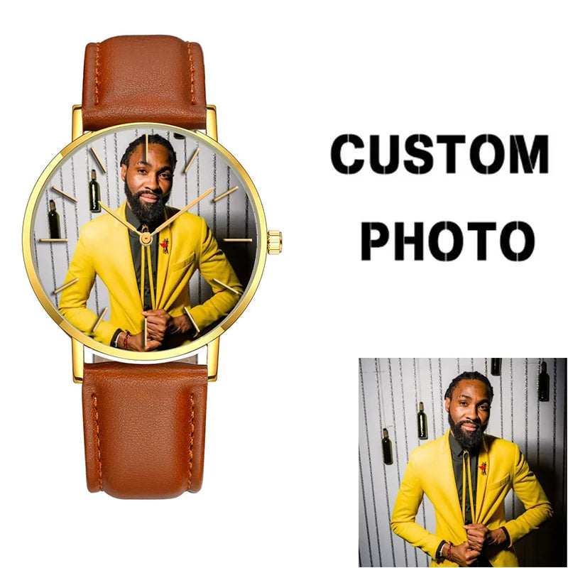 Personalized Photo Men's Quartz Watch – Custom Genuine Leather Strap Wristwatch with Gold Bezel