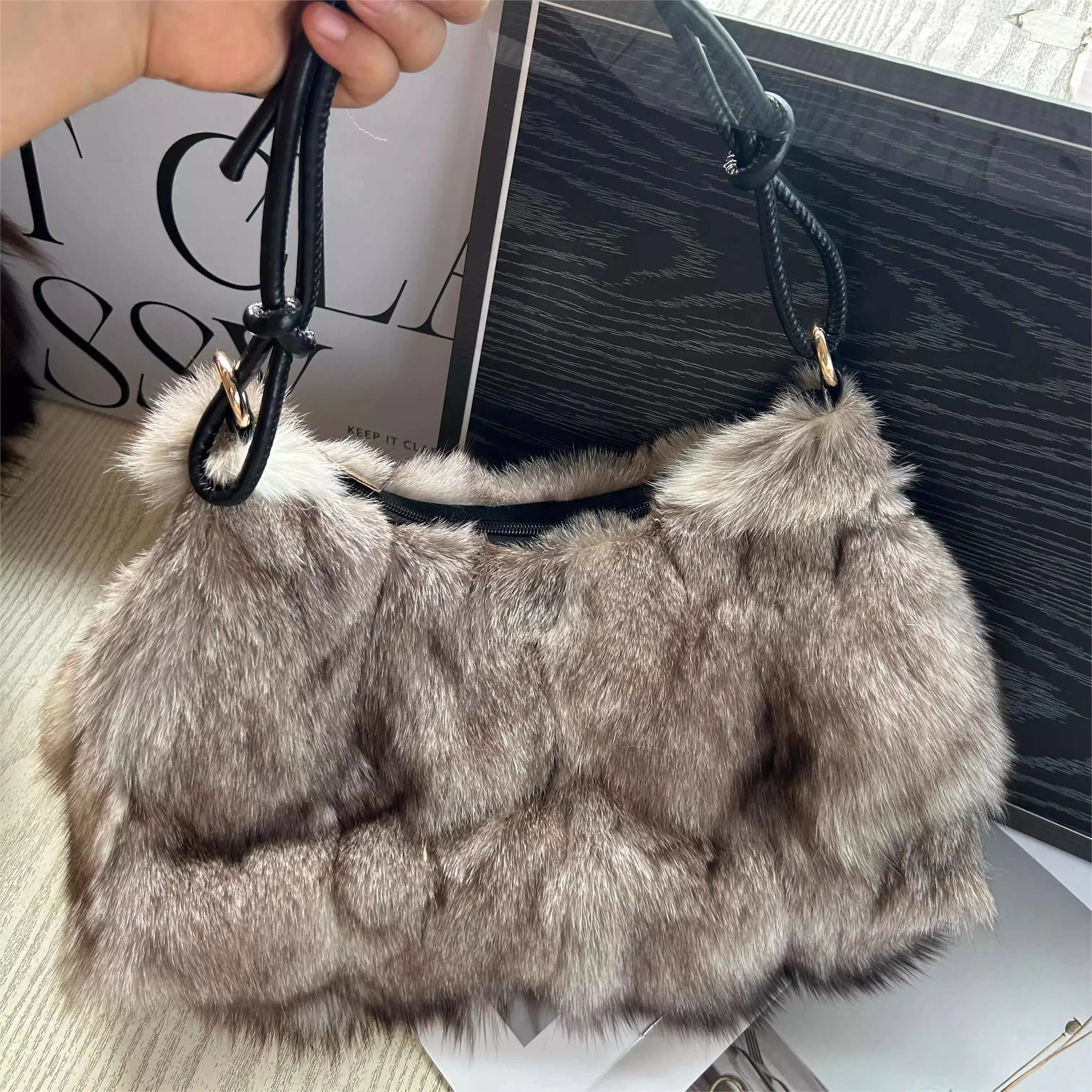 Luxury Faux Fur Color-Block Shoulder Bag – Plush Underarm Handbag with Sleek Leather Strap