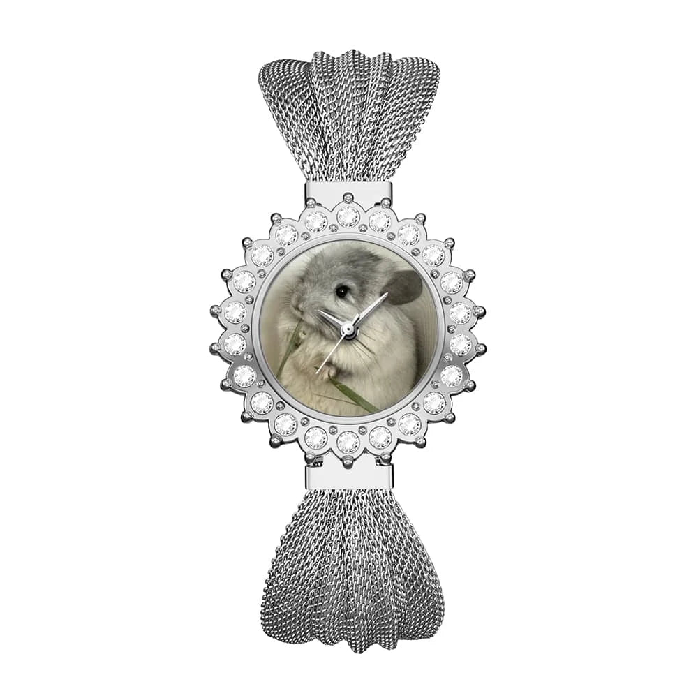 Personalized Photo Gold Women's Watch | Custom Picture Dial with Crystal Bezel & Mesh Band